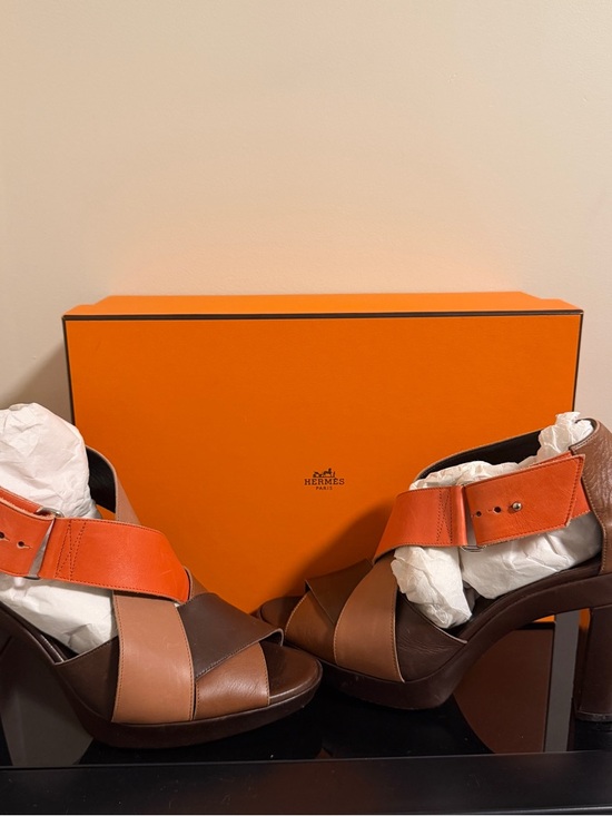 Hermes Shoes - Hermes Tricolor Leather Platform Sandals in Orange, Tan & Brown